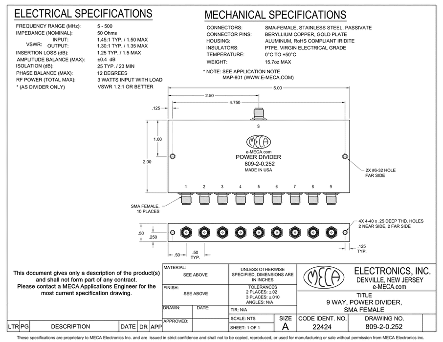 809-2-0.252 9 Way SMA Female Power Divider electrical specs