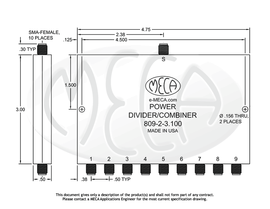 809-2-3.100 Power Divider SMA-Female connectors drawing