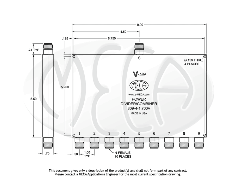 809-4-1.700V Power Divider N-Female connectors drawing