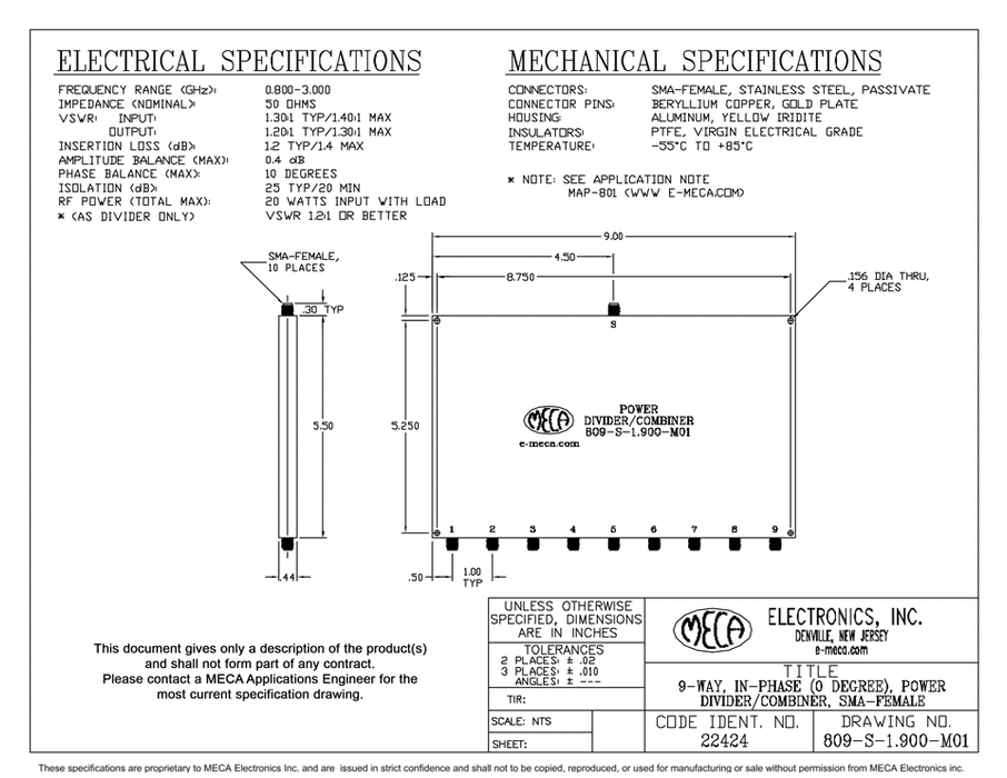 809-S-1.900-M01 9 W N-Female Power Dividers electrical specs