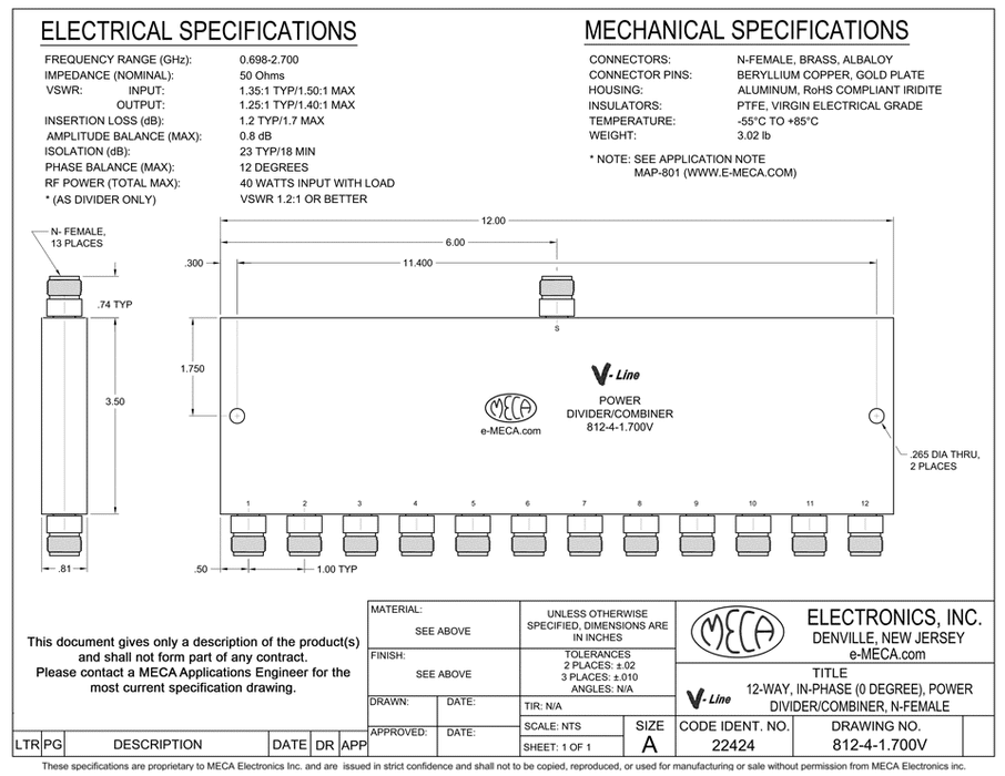 812-4-1.700V 12 W N-Female Power Divider electrical specs