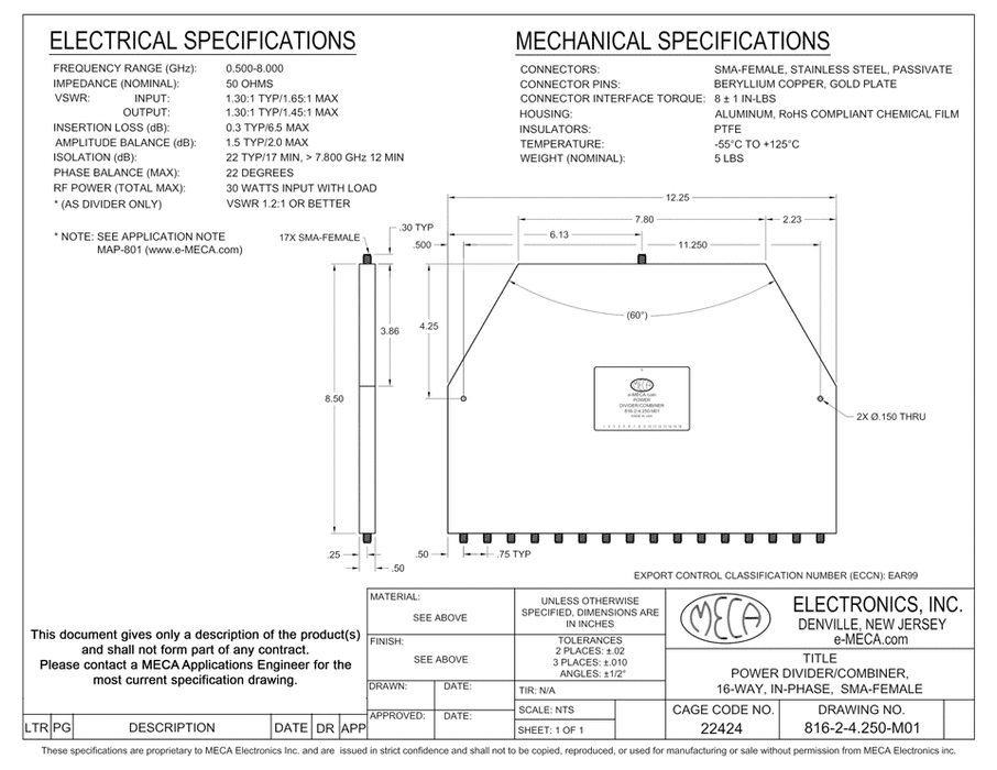 816-2-4.250-M01 16W SMA Female Power Divider electrical specs