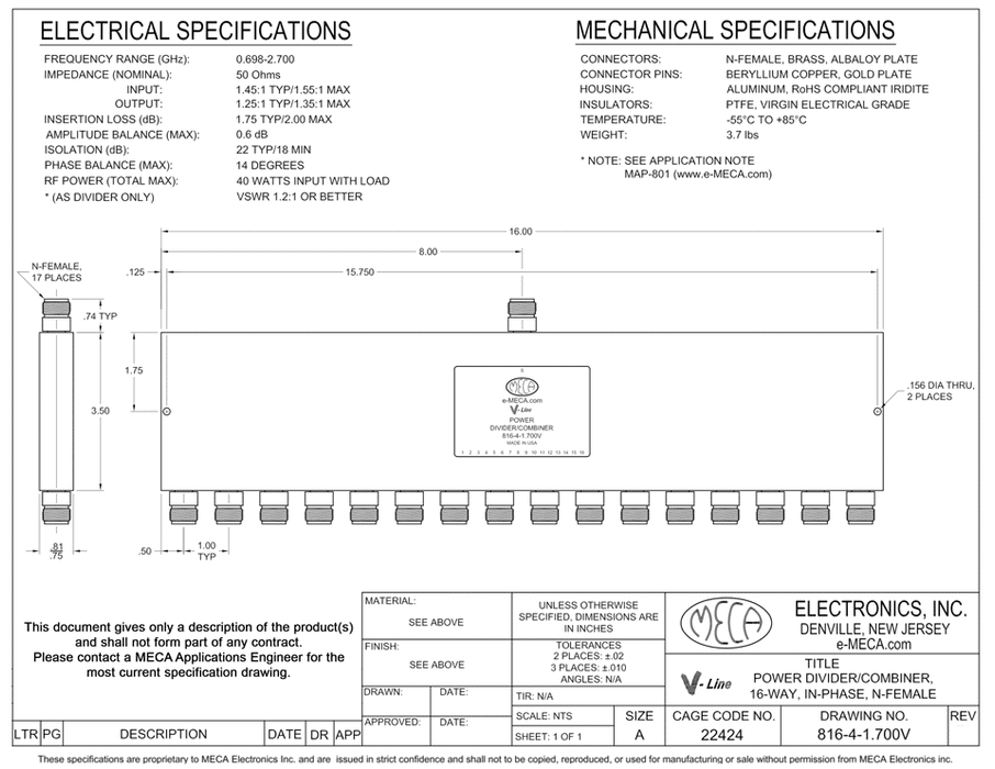 816-4-1.700V 16-Way N-Female Power Divider electrical specs