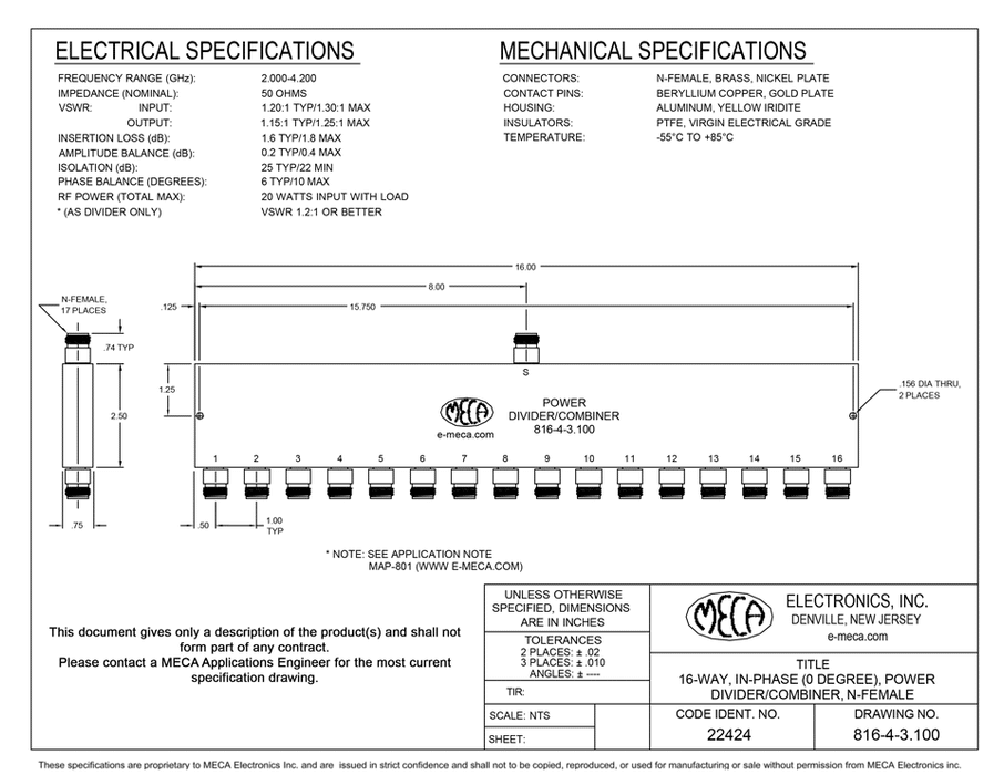 816-4-3.100 16W N-Female Power Divider electrical specs