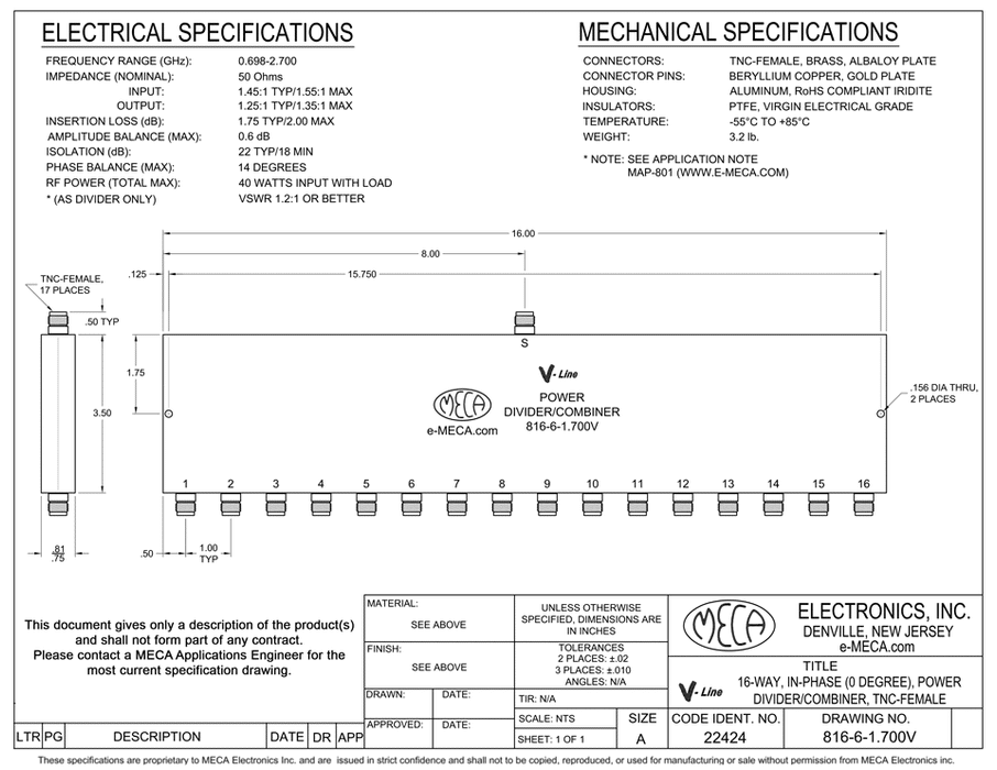 Shop Online 816-6-1.700V 16W TNC-Female Power Divider electrical specs