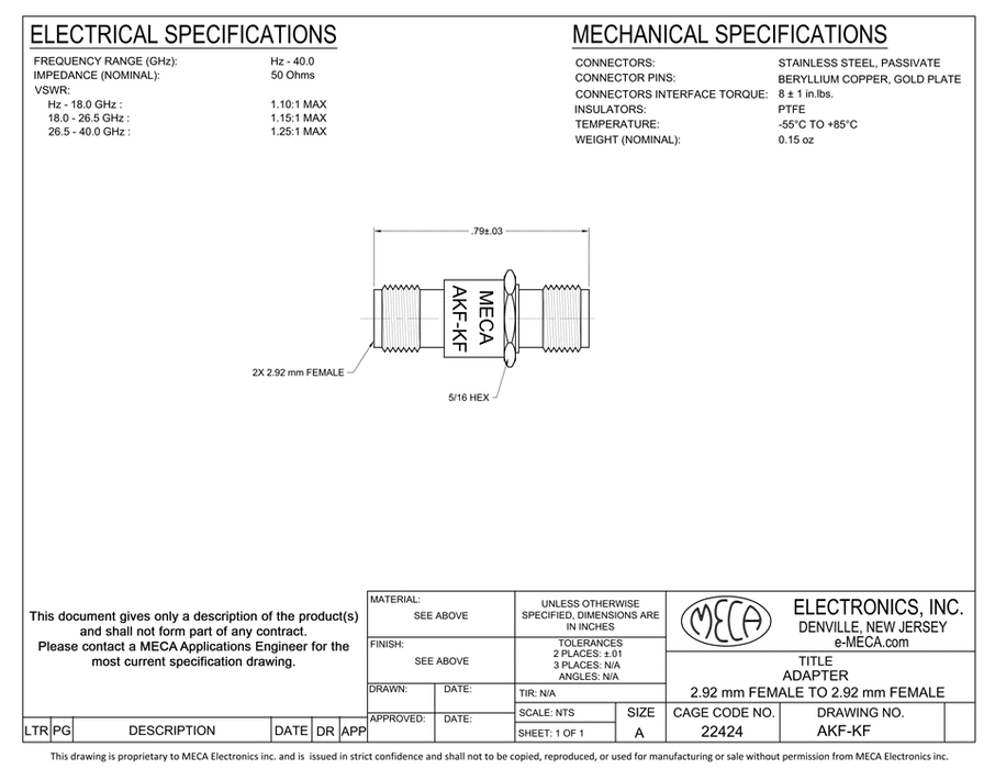 AKF-KF Adapter electrical specs 2.92mm Female