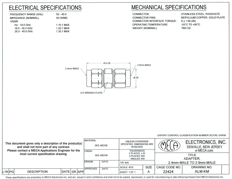 ALM-KM Adapter electrical specs 2.4mm Male to 2.9mm Male