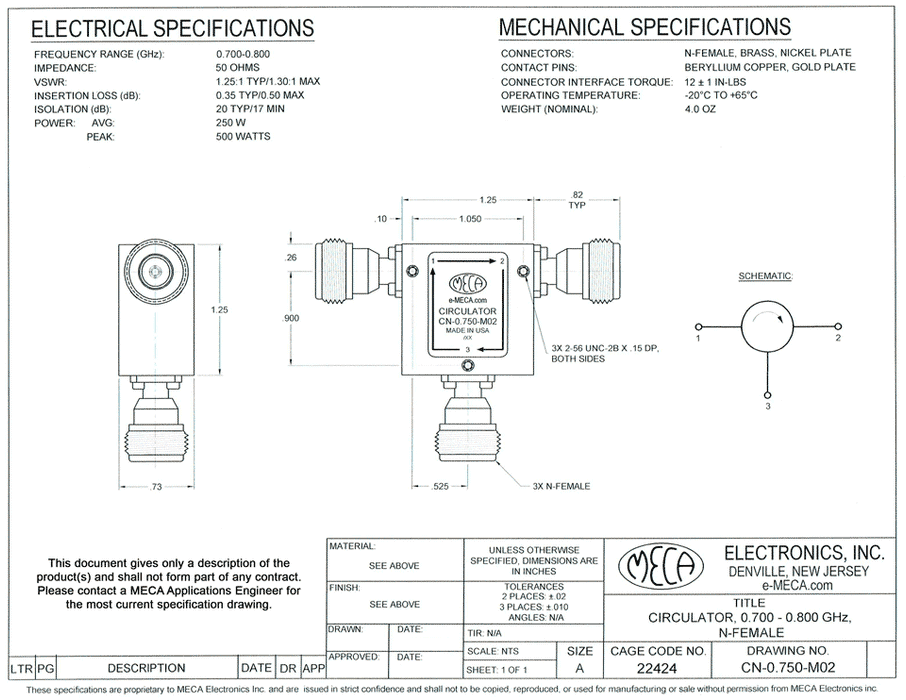 CN-0.750-M02 250 Watts N-Female Circulator electrical specs