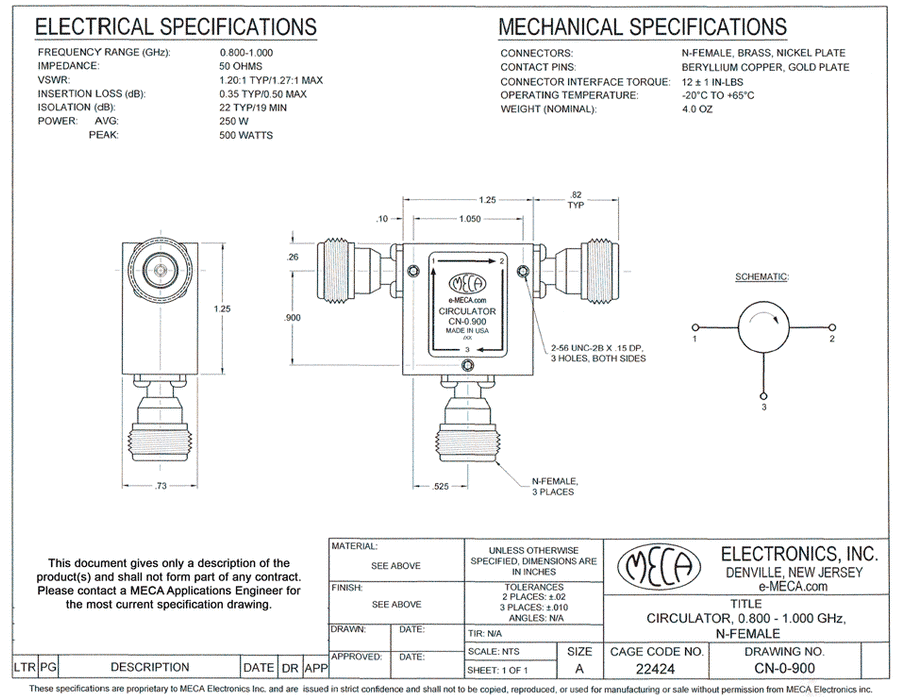 CN-0.900 RF Circulators electrical specs