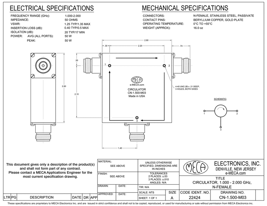 CN-1.500-M03 RF/Microwave Circulator electrical specs