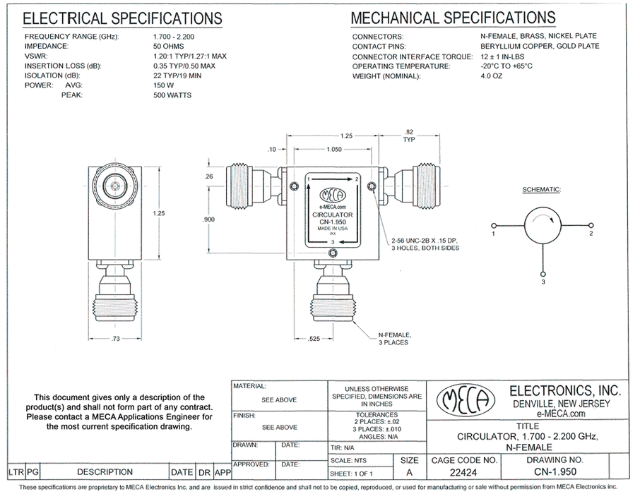 CN-1.950 RF/Microwave Circulators electrical specs