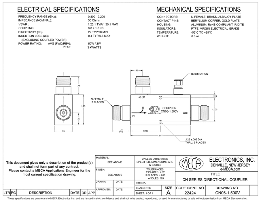 Order Online CN06-1.500V N-Female Directional Coupler electrical specs