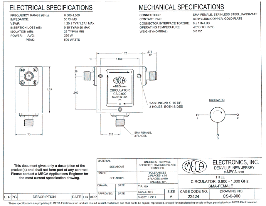 CS-0.900 RF/Microwave Circulator electrical specs