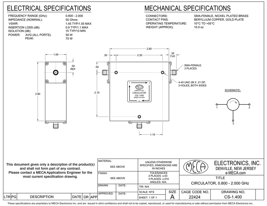 CS-1.400 RF/Microwave Circulators electrical specs