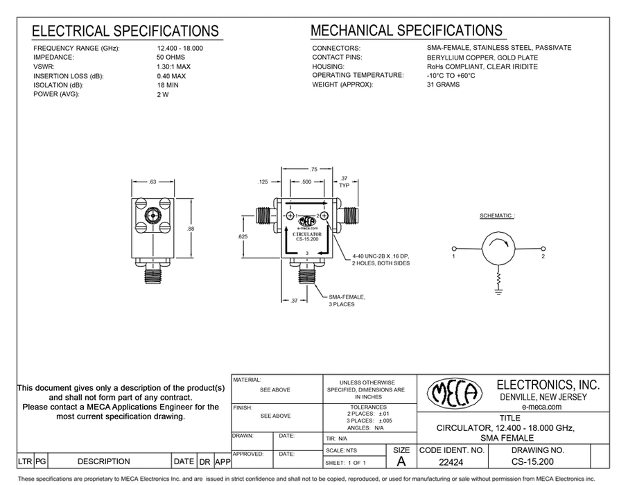 CS-15.200 RF Circulators electrical specs