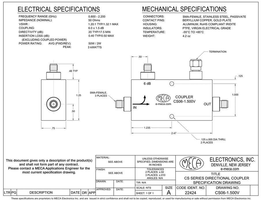 CS06-1.500V 50/2 Watts Directional Coupler electrical specs
