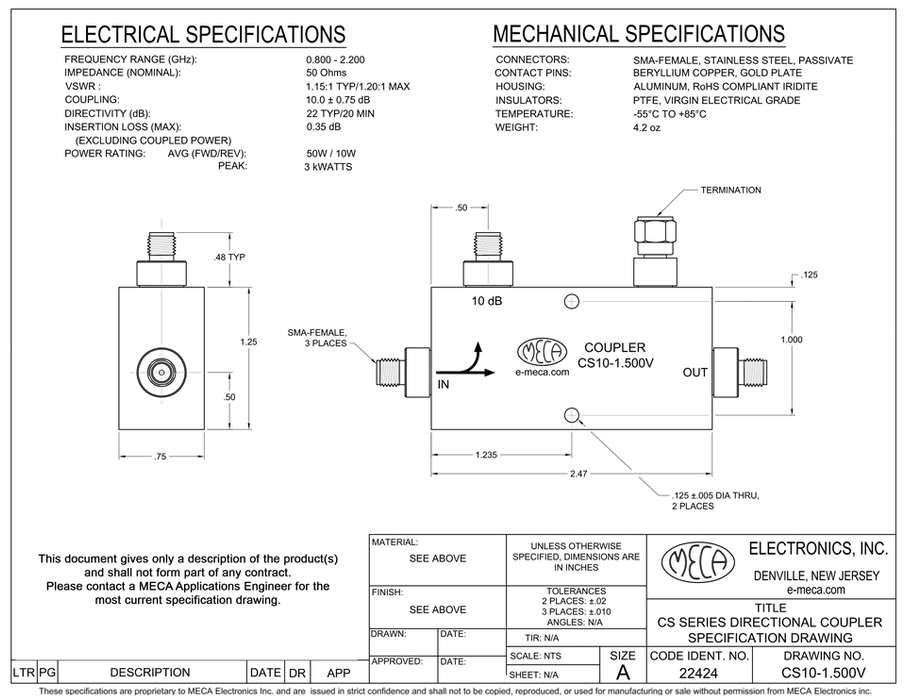 CS10-1.500V 50/10 Watts Directional Coupler electrical specs