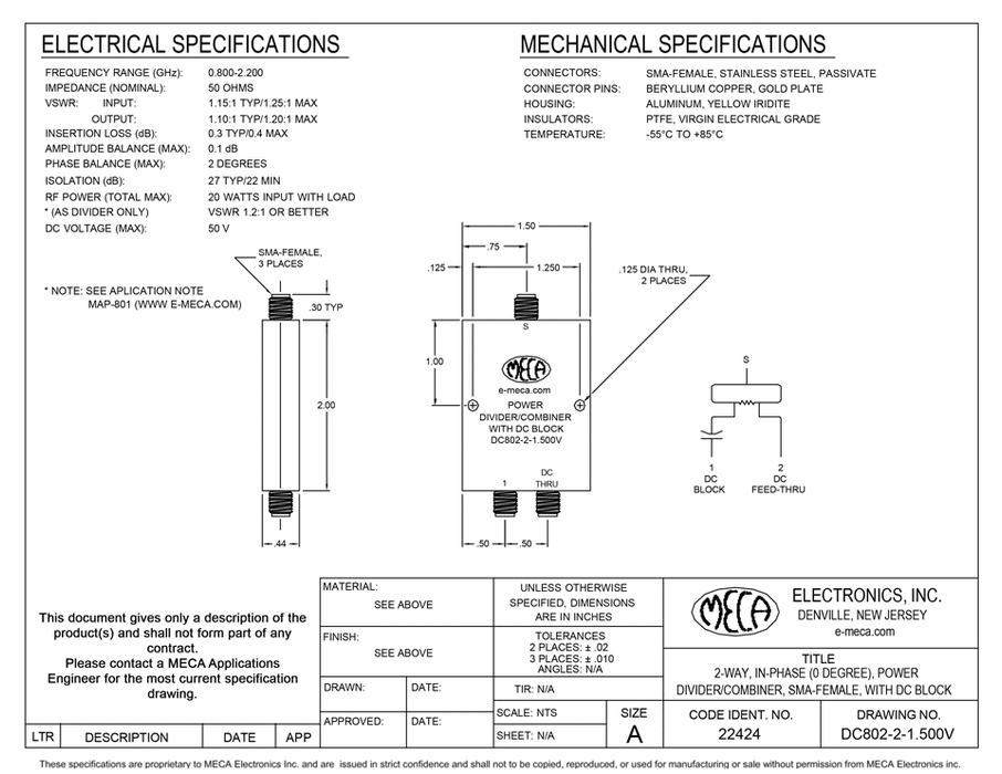 DC802-2-1.500V 2-Way SMA-Female Power Divider electrical specs