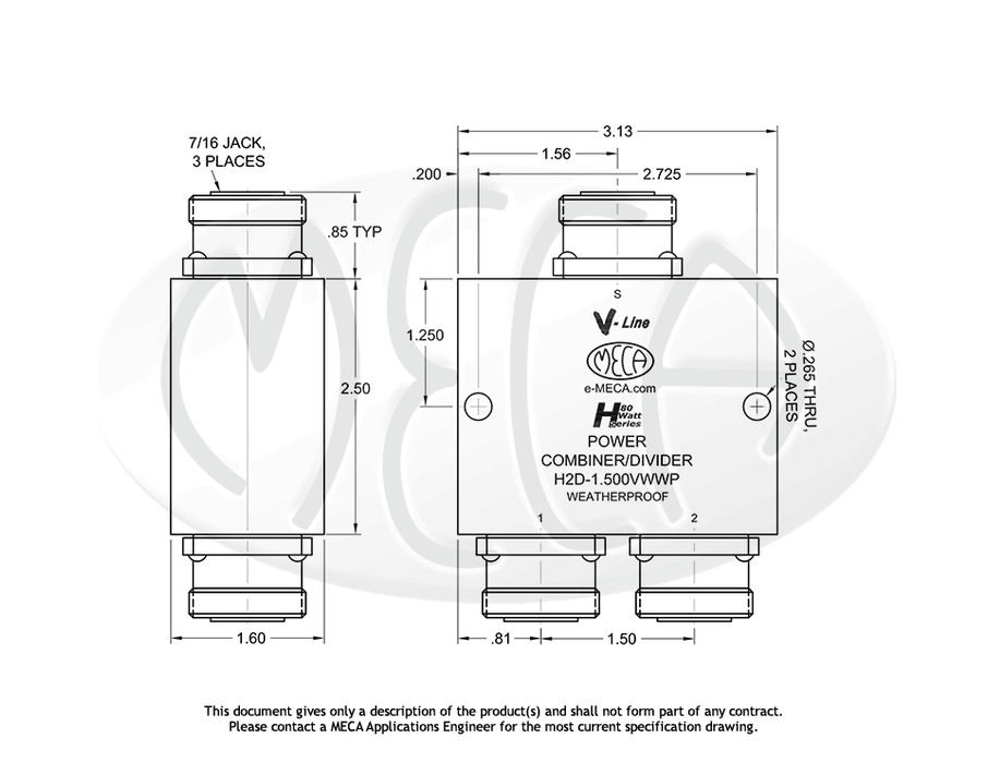 H2D-1.500VWWP Power Divider 7/16 DIN connectors drawing