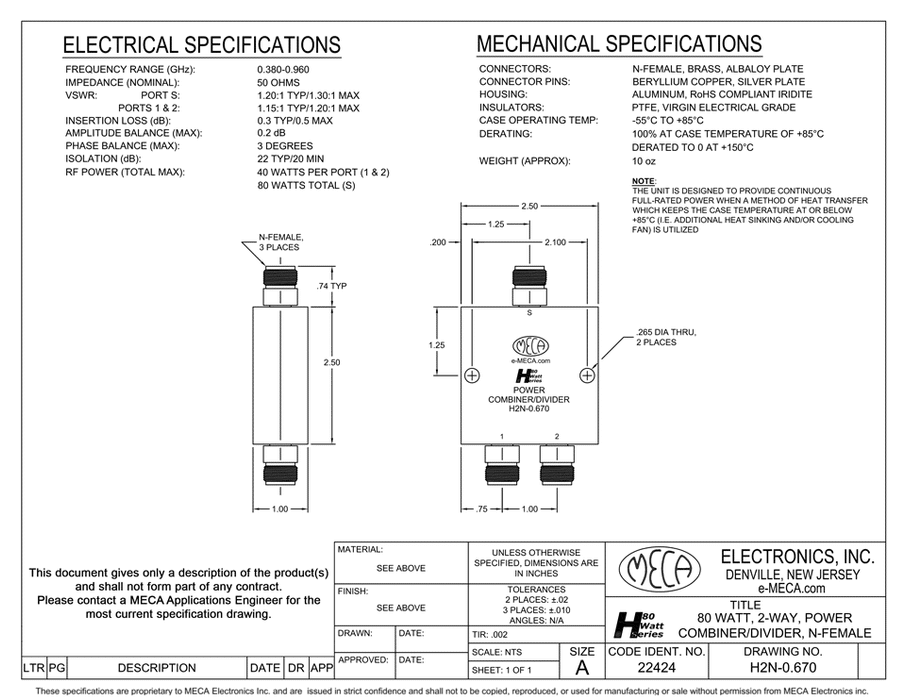 H2N-0.670 2W N-F Power Divider electrical specs
