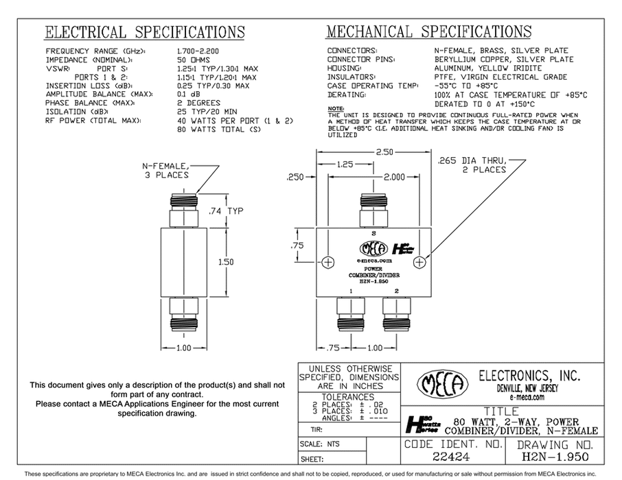 H2N-1.950 2-W N-F Power Divider electrical specs