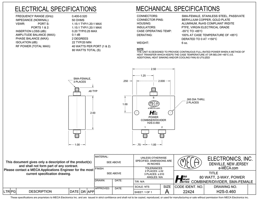 H2S-0.460 2-W SMA Power Divider electrical specs