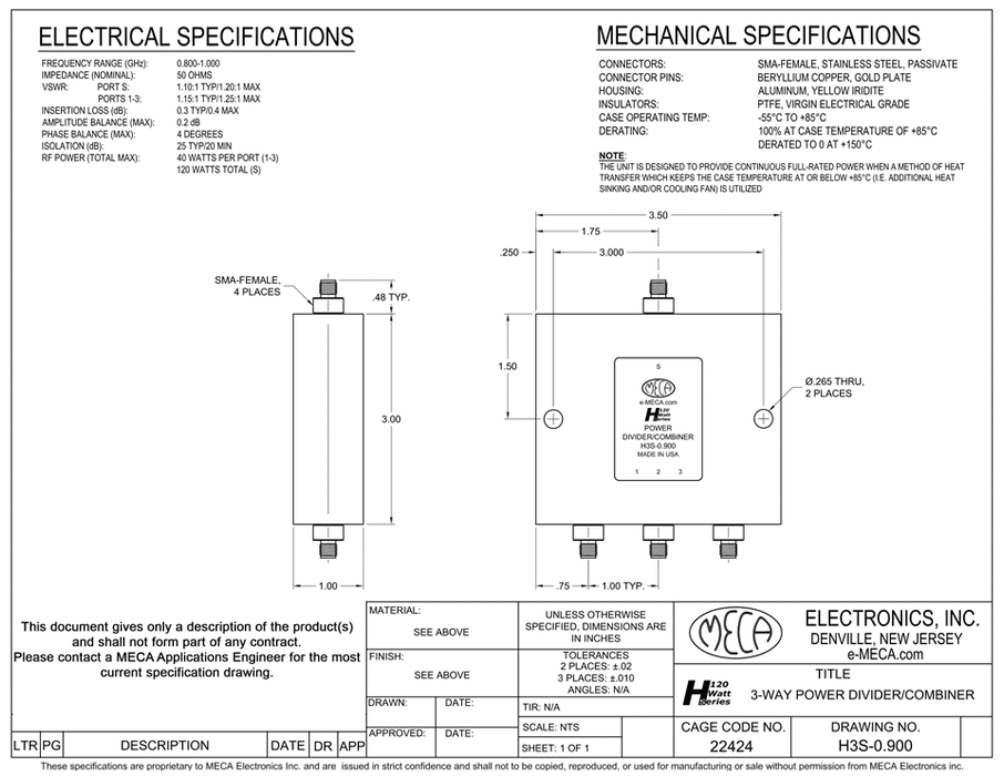 H3S-0.900 3-W S-F Power Divider electrical specs