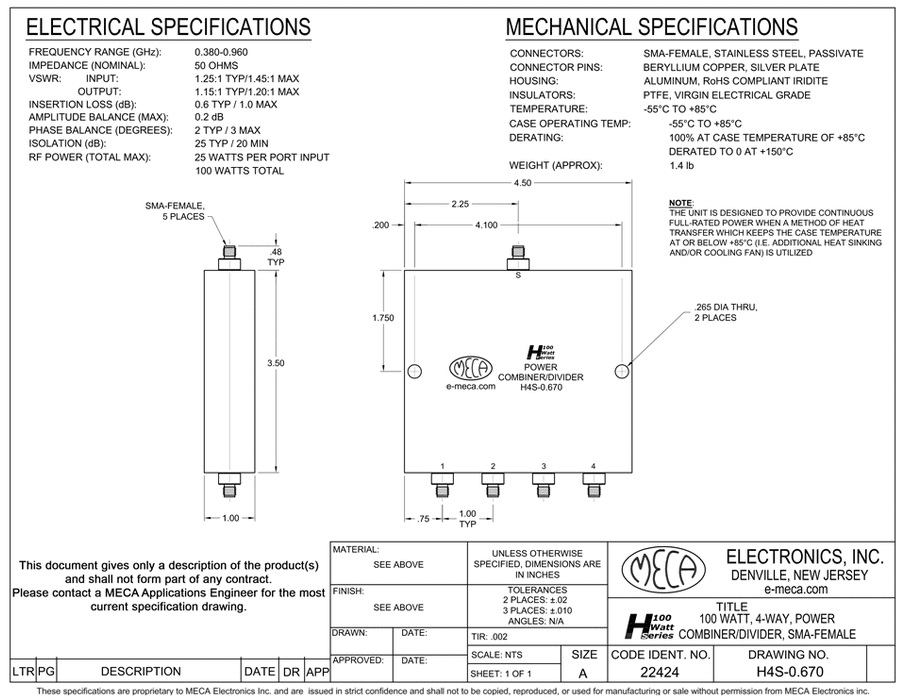H4S-0.670, SMA-Female, 0.380-0.960 GHz