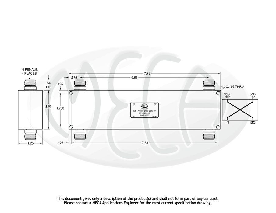 H705N-0.460 N-Female 3dB Hybrid Coupler N-Female connectors drawing
