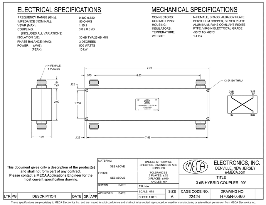 H705N-0.460 N-Female 3dB Hybrid Coupler electrical specs