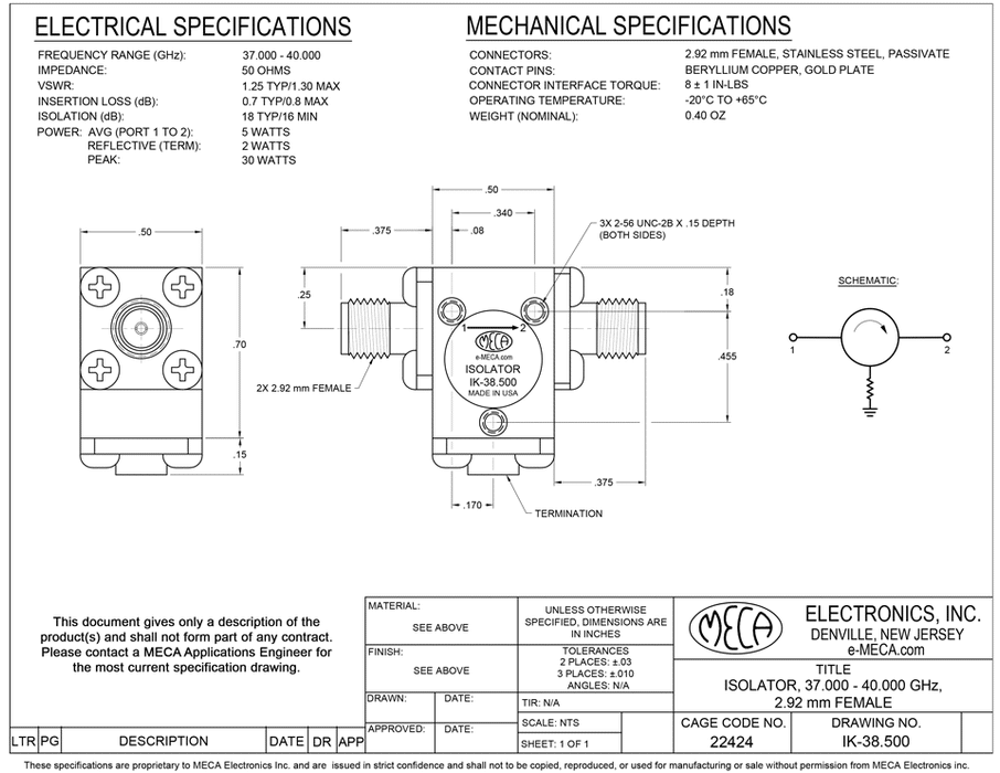 IK-38.500 Microwave Isolators electrical specs 2.92mm-Female