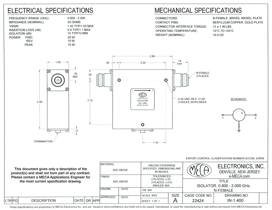 IN-1.400 Isolators electrical specs