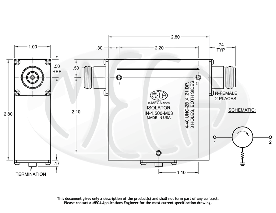IN-1.500-M03 RF/Microwave Isolator N-Female connectors drawing