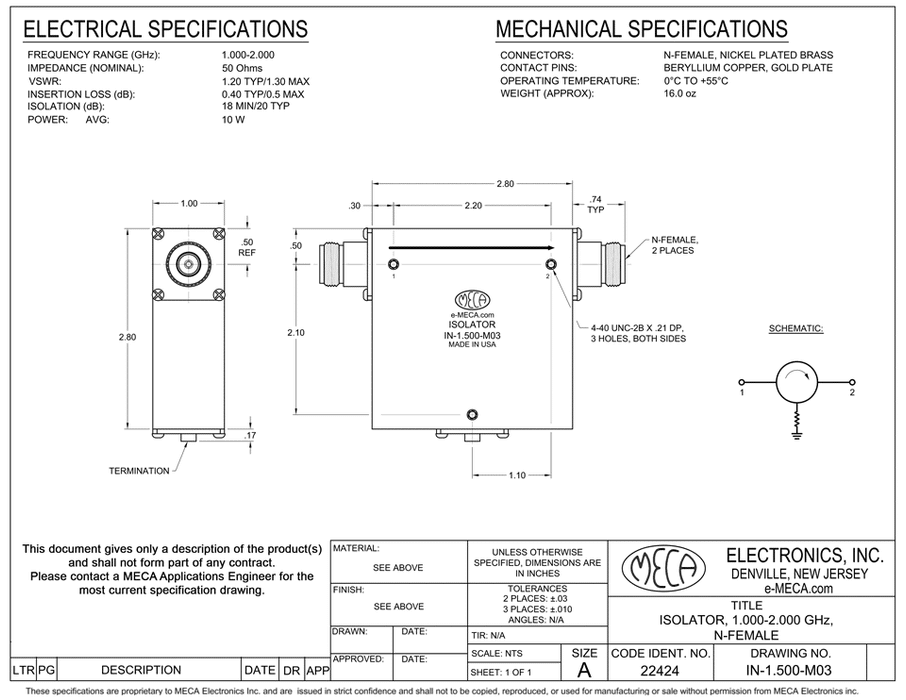 IN-1.500-M03 RF/Microwave Isolator electrical specs
