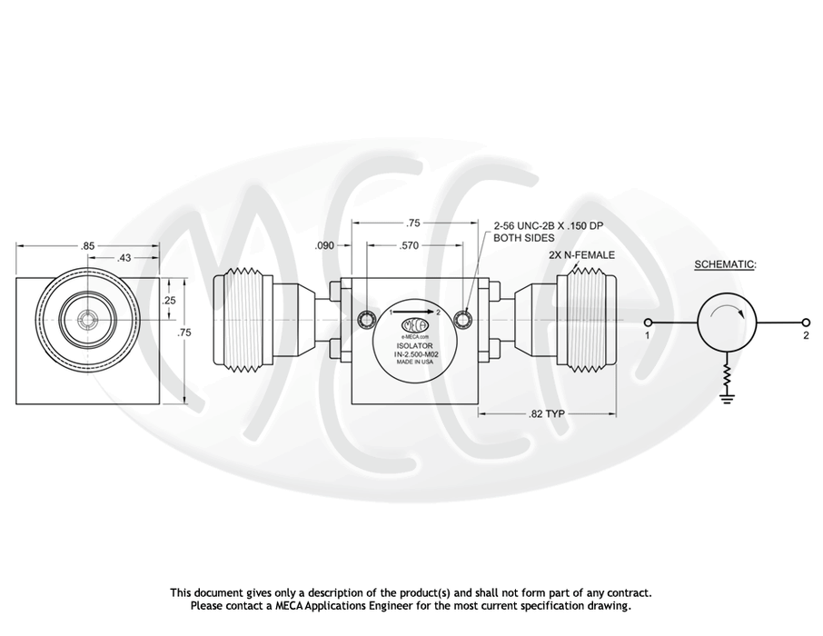 IN-2.500-M02 Microwave Isolator N-Female connectors drawing