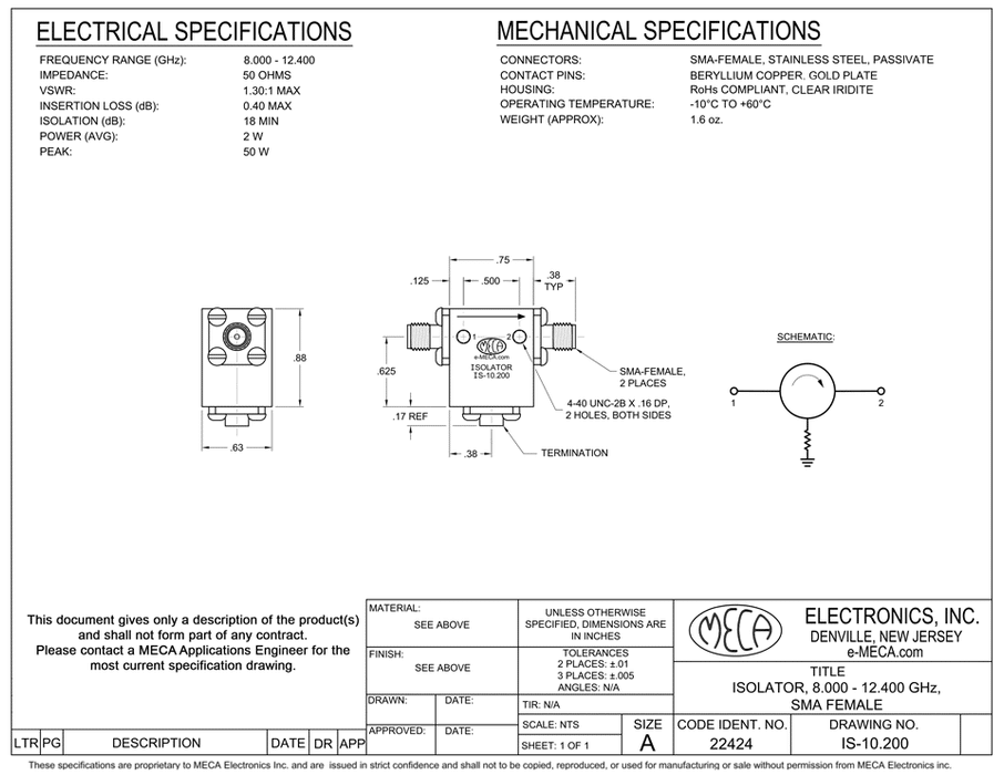 IS-10.200 Microwave Isolators electrical specs SMA-Female