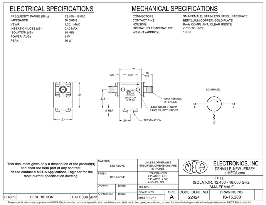 IS-15.200 Isolator electrical specs