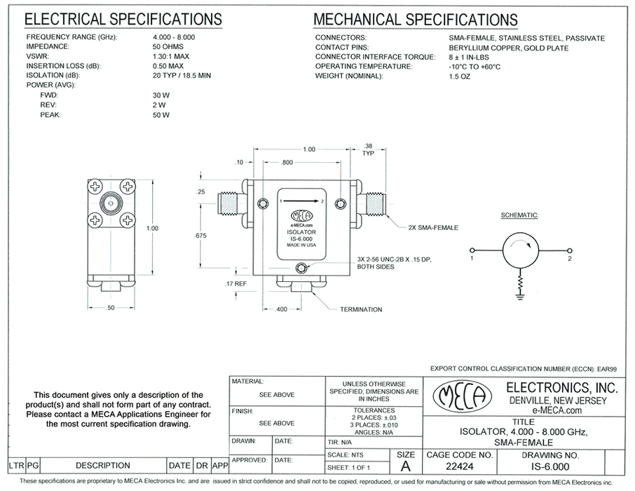 IS-6.000 RF/Microwave Isolator electrical specs