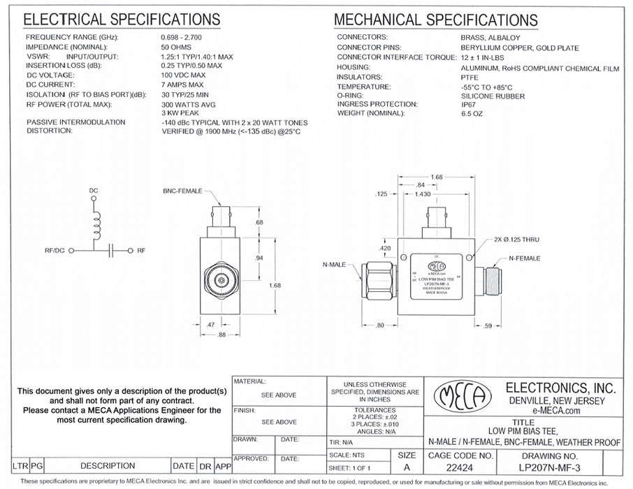 LP207N-MF-3 Low PIM Bias Tees electrical specs