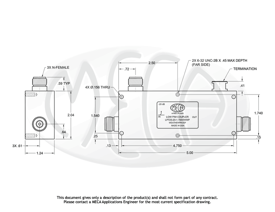 LP725-20-1.700VWWP Low PIM Directional Coupler N-Female connectors drawing