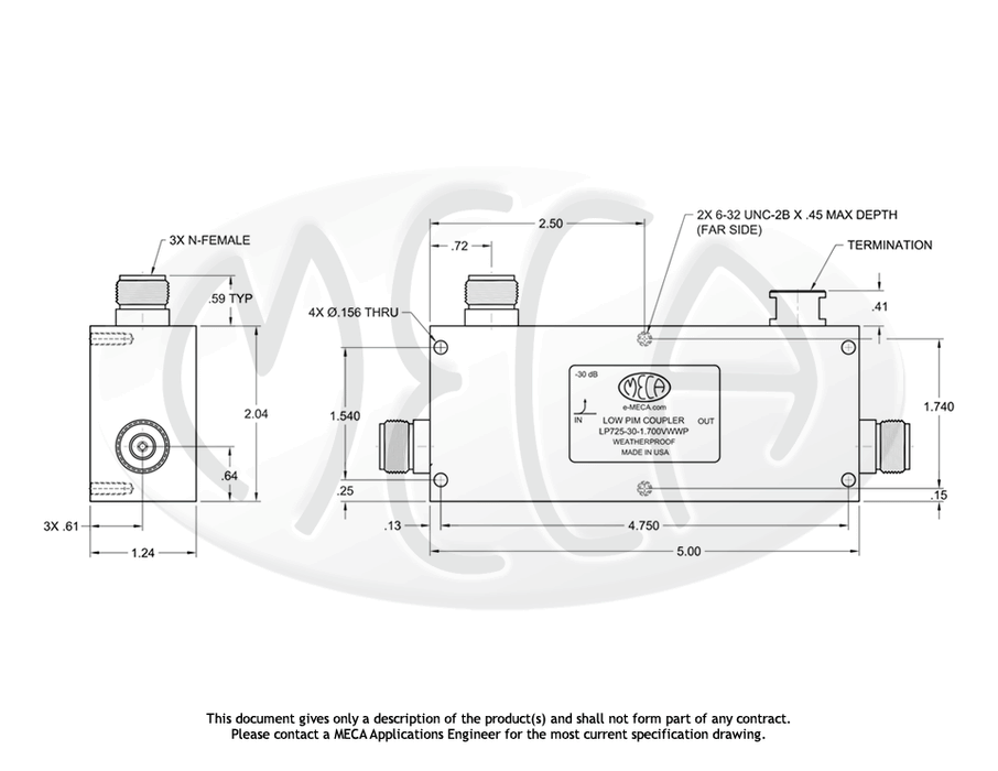 LP725-30-1.700VWWP Low PIM Directional Coupler N-Female connectors drawing