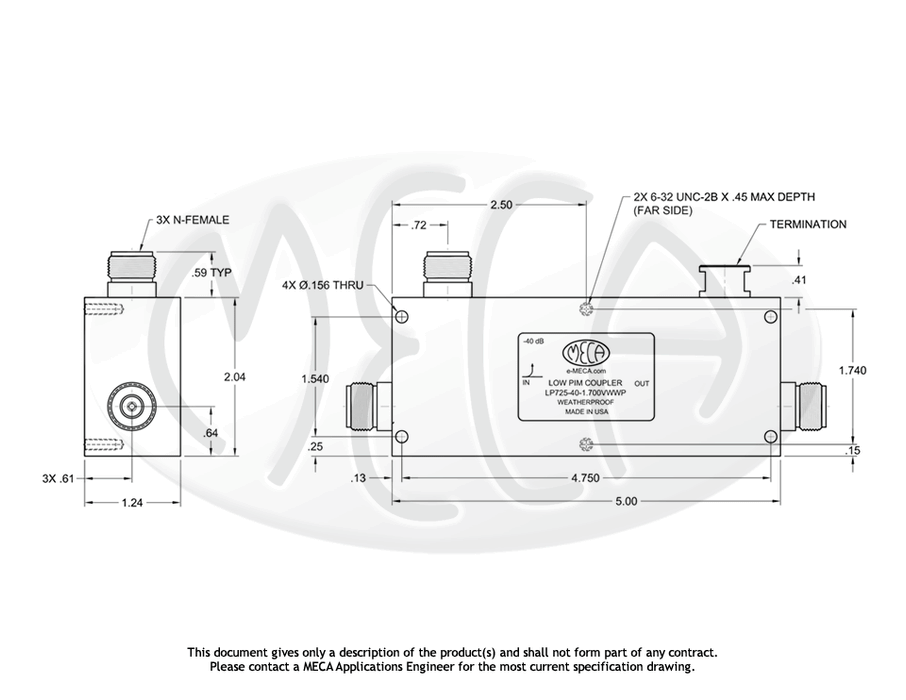 LP725-40-1.700VWWP Low PIM Directional Coupler N-Female connectors drawing
