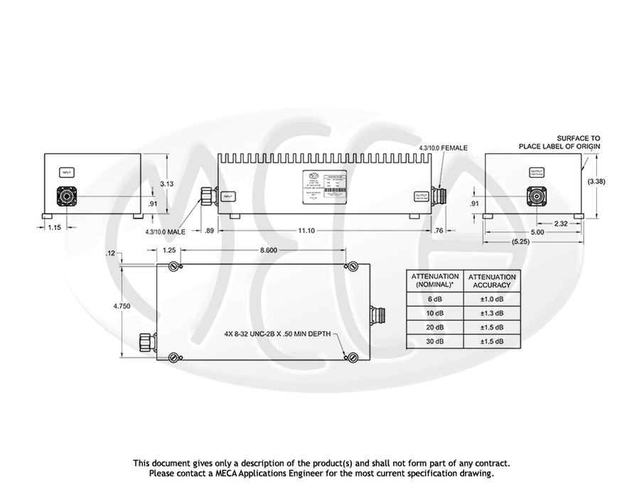 LPA100-dB-17WWP Low PIM RF Attenuators 4.3/10.0 Male/Female connectors drawing