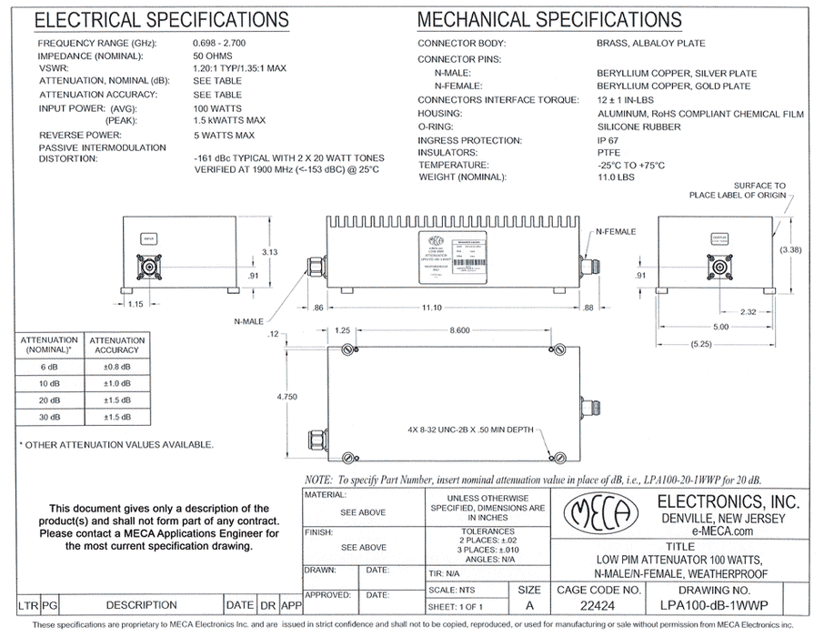 LPA100-dB-1WWP Low PIM Fixed Attenuator electrical specs