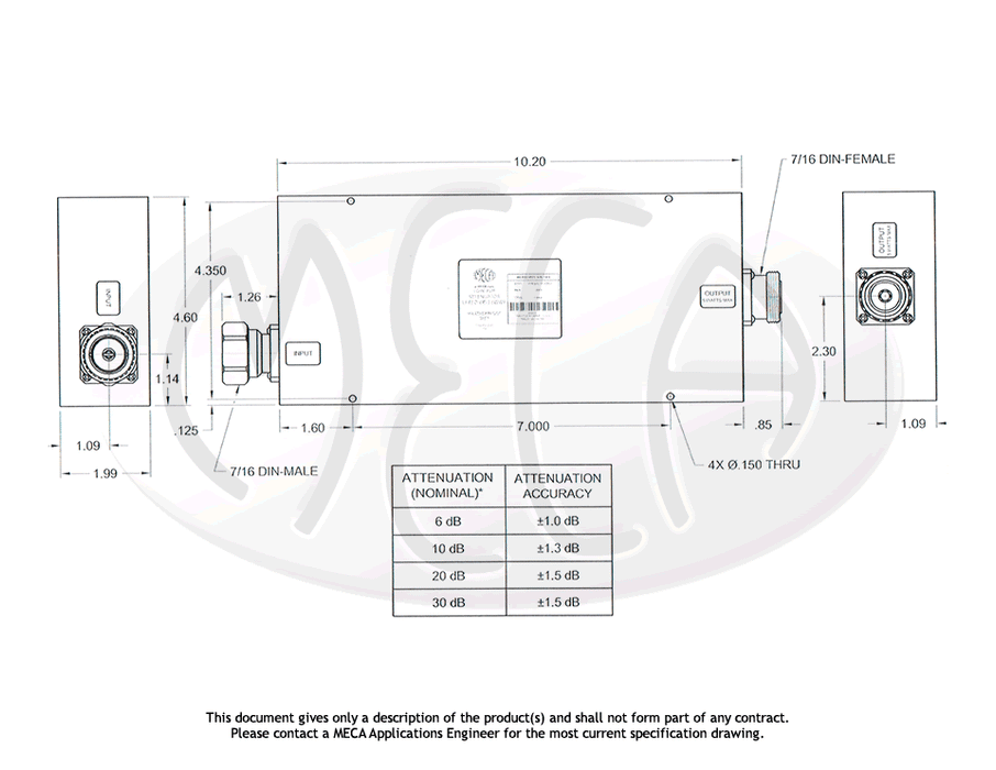 LPA50-dB-11WWP Low PIM RF Attenuator 7/16 DIN Male/Female connectors drawing