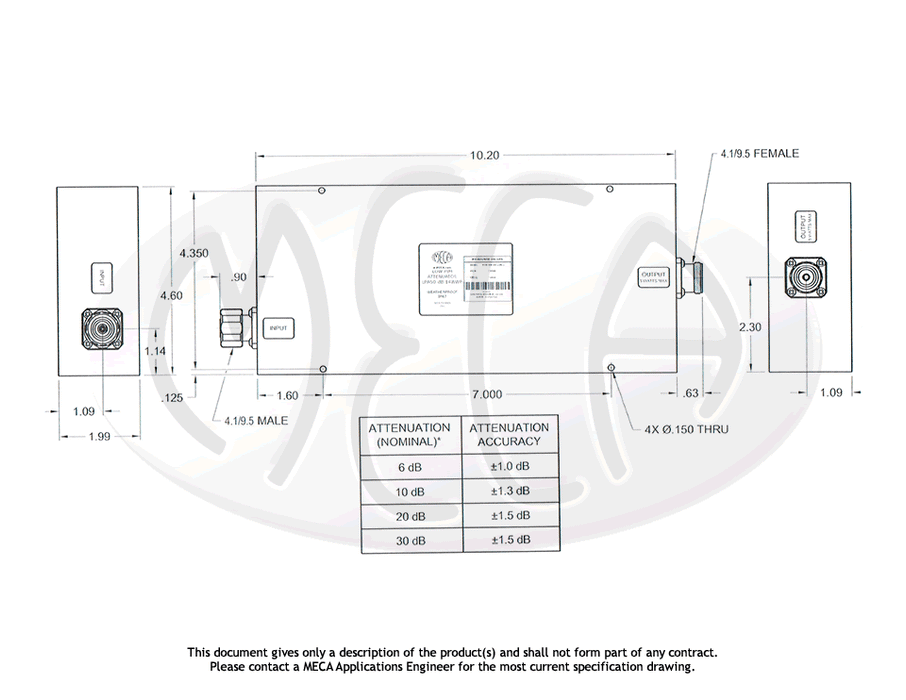 LPA50-dB-14WWP Low PIM RF Attenuators 4.1/9.5 Male/Female connectors drawing