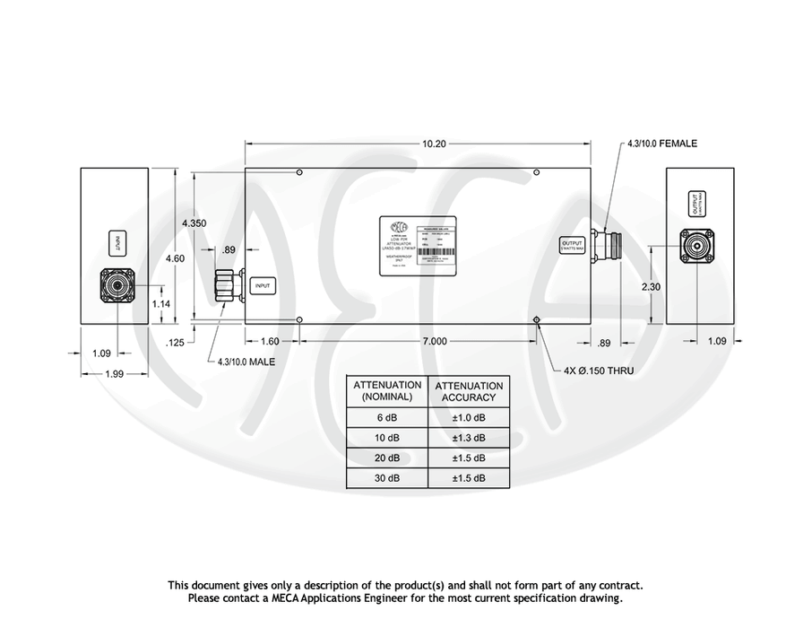 LPA50-dB-17WWP Low PIM Fixed Attenuator 4.3/10.0 Male/Female connectors drawing