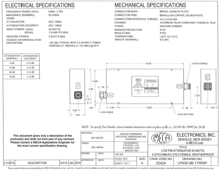 LPA50-dB-17WWP Low PIM Fixed Attenuator electrical specs