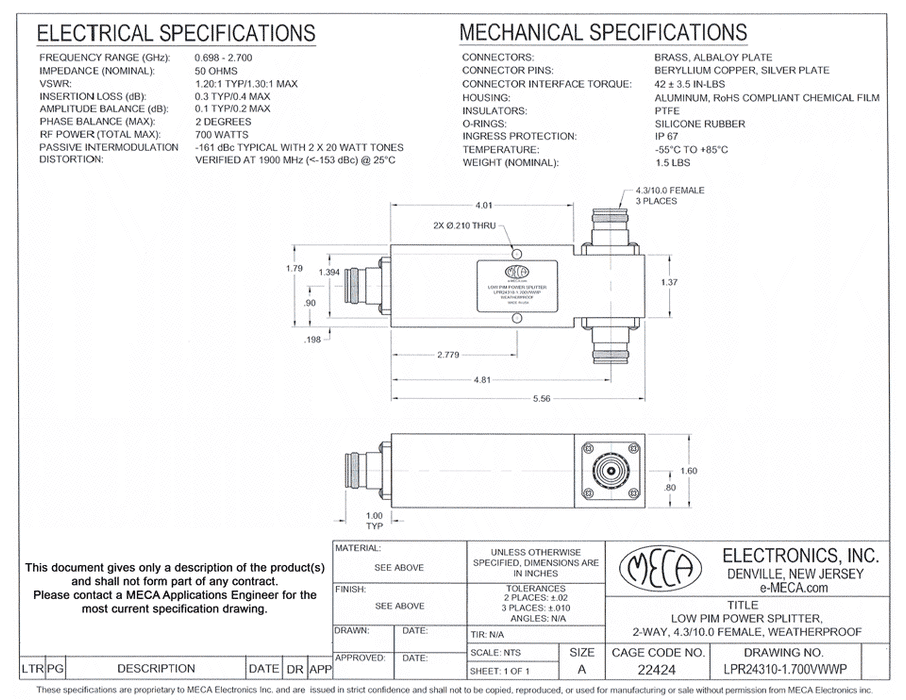 LPR24310-1.700VWWP Low PIM Power Splitter electrical specs 4.3/10.0 Female