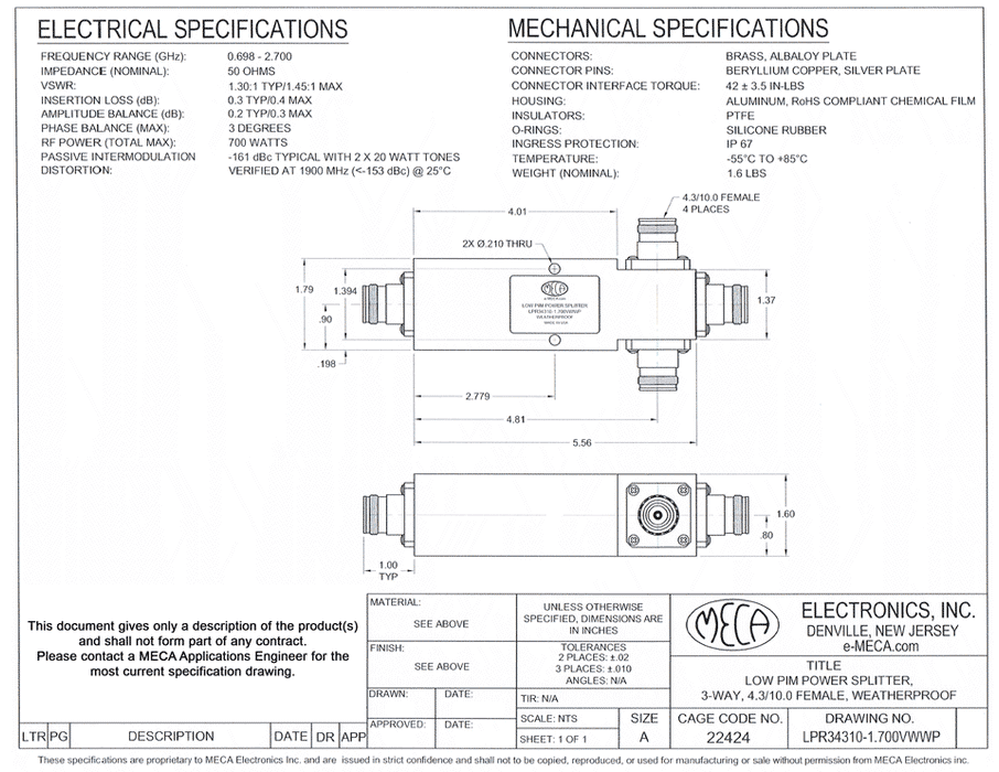 LPR34310-1.700VWWP Low PIM Power Splitter electrical specs 4.3/10.0 Female
